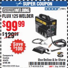 Harbor Freight Coupon CHICAGO ELECTRIC FLUX 125 WELDER Lot No. 63583/63582 Expired: 10/19/20 - $99.99