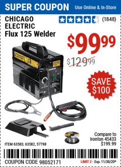 Harbor Freight Coupon CHICAGO ELECTRIC FLUX 125 WELDER Lot No. 63583/63582 Expired: 11/30/20 - $99.99