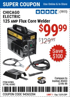 Harbor Freight Coupon CHICAGO ELECTRIC FLUX 125 WELDER Lot No. 63583/63582 Expired: 12/31/20 - $99.99