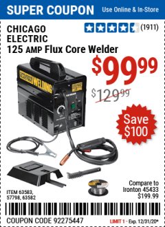 Harbor Freight Coupon CHICAGO ELECTRIC FLUX 125 WELDER Lot No. 63583/63582 Expired: 12/31/20 - $99.99