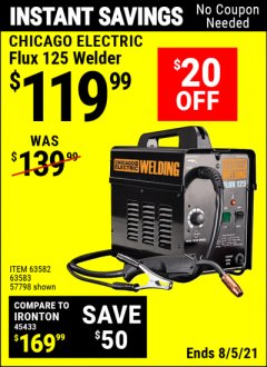 Harbor Freight Coupon CHICAGO ELECTRIC FLUX 125 WELDER Lot No. 63583/63582 Expired: 8/5/21 - $119.99
