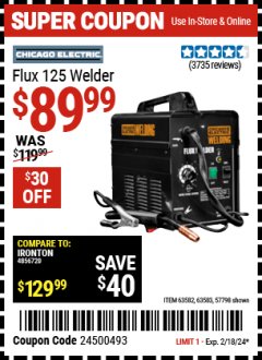 Harbor Freight Coupon CHICAGO ELECTRIC FLUX 125 WELDER Lot No. 63583/63582 Expired: 2/18/24 - $89.99
