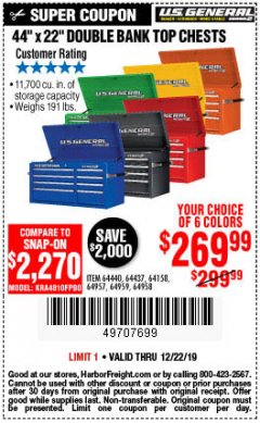 Harbor Freight Coupon 44" X 22" DOUBLE BANK TOP CHESTS Lot No. 64440/64437/64158/64957/64959/64958 Expired: 12/22/19 - $269.99