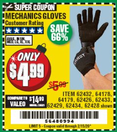 Harbor Freight Coupon MECHANICS GLOVES Lot No. 62434 Expired: 2/15/20 - $4.99