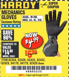 Harbor Freight Coupon MECHANICS GLOVES Lot No. 62434 Expired: 2/12/20 - $4.99