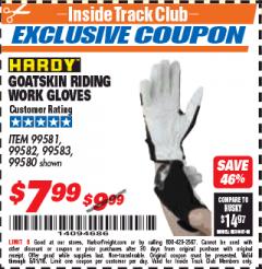 Harbor Freight ITC Coupon GOATSKIN RIDING WORK GLOVES Lot No. 99581/99583/99582/99580 Expired: 5/31/18 - $7.99