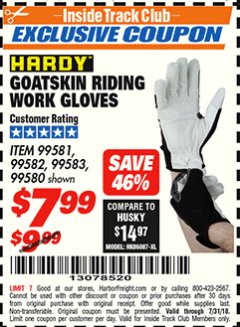 Harbor Freight ITC Coupon GOATSKIN RIDING WORK GLOVES Lot No. 99581/99583/99582/99580 Expired: 7/31/18 - $7.99