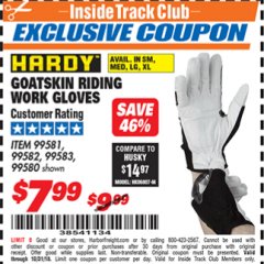 Harbor Freight ITC Coupon HARDY GOATSKIN LEATHER RIDING WORK GLOVES Lot No. 99580/99581/99582/99583 Expired: 10/31/18 - $7.99