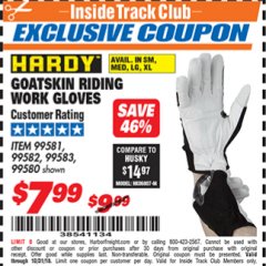 Harbor Freight ITC Coupon GOATSKIN RIDING WORK GLOVES Lot No. 99581/99583/99582/99580 Expired: 10/31/18 - $7.99