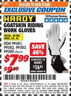 Harbor Freight ITC Coupon HARDY GOATSKIN LEATHER RIDING WORK GLOVES Lot No. 99580/99581/99582/99583 Expired: 12/31/18 - $7.99
