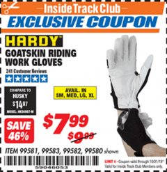 Harbor Freight ITC Coupon HARDY GOATSKIN LEATHER RIDING WORK GLOVES Lot No. 99580/99581/99582/99583 Expired: 10/31/19 - $7.99