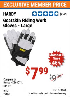 Harbor Freight ITC Coupon HARDY GOATSKIN LEATHER RIDING WORK GLOVES Lot No. 99580/99581/99582/99583 Expired: 9/30/20 - $7.99
