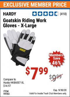 Harbor Freight ITC Coupon HARDY GOATSKIN LEATHER RIDING WORK GLOVES Lot No. 99580/99581/99582/99583 Expired: 9/30/20 - $7.99