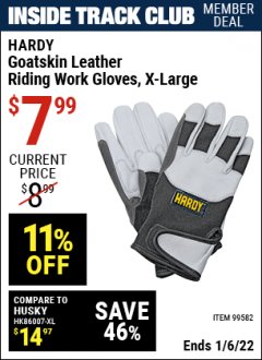 Harbor Freight ITC Coupon GOATSKIN RIDING WORK GLOVES Lot No. 99581/99583/99582/99580 Expired: 1/6/22 - $7.99