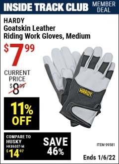 Harbor Freight ITC Coupon HARDY GOATSKIN LEATHER RIDING WORK GLOVES Lot No. 99580/99581/99582/99583 Expired: 1/6/22 - $7.99