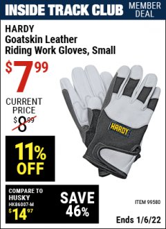 Harbor Freight ITC Coupon HARDY GOATSKIN LEATHER RIDING WORK GLOVES Lot No. 99580/99581/99582/99583 Expired: 1/6/22 - $7.99