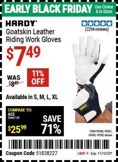 Harbor Freight Coupon HARDY GOATSKIN LEATHER RIDING WORK GLOVES Lot No. 99580/99581/99582/99583 Expired: 11/13/22 - $7.49