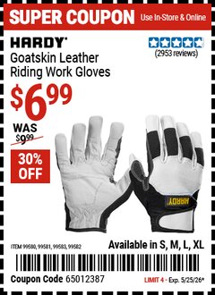 Harbor Freight Coupon HARDY GOATSKIN LEATHER RIDING WORK GLOVES Lot No. 99580/99581/99582/99583 Valid Thru: 5/25/26 - $6.99