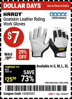 Harbor Freight Coupon HARDY GOATSKIN LEATHER RIDING WORK GLOVES Lot No. 99580/99581/99582/99583 Expired: 10/9/24 - $7
