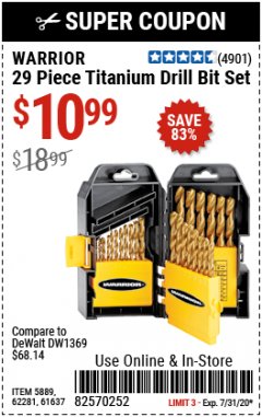 Harbor Freight Coupon $5 WARRIOR 29 PIECE TITANIUM DRILL BIT SET WHEN YOU SPEND $49.99 Lot No. 62281, 5889, 61637 Expired: 7/31/20 - $10.99