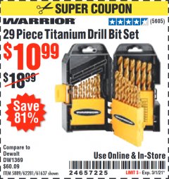 Harbor Freight Coupon WARRIOR 29 PIECE TITANIUM DRILL BIT SET Lot No. 62281/5889/61637 Expired: 3/1/21 - $10.99