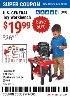 Harbor Freight Coupon TOY WORKBENCH Lot No. 56515 Expired: 12/31/20 - $19.99