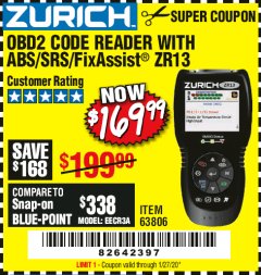 Harbor Freight Coupon OBD2 CODE READER WITH ABS/SRS/FIXASSIST ZR13 Lot No. 63806 Expired: 1/27/20 - $169.99