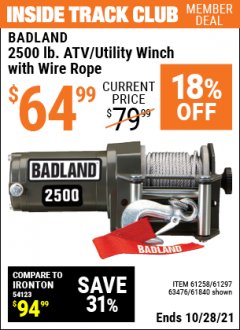 Harbor Freight ITC Coupon BADLAND 2500 LB. ELECTRIC WINCH WITH WIRELESS REMOTE CONTROL Lot No. 61258/61297/64376/61840 Expired: 10/28/21 - $64.99