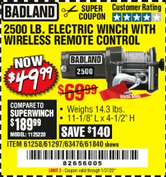 Harbor Freight Coupon BADLAND 2500 LB. ELECTRIC WINCH WITH WIRELESS REMOTE CONTROL Lot No. 61258/61297/64376/61840 Expired: 1/27/20 - $49.99
