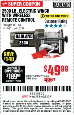 Harbor Freight Coupon BADLAND 2500 LB. ELECTRIC WINCH WITH WIRELESS REMOTE CONTROL Lot No. 61258/61297/64376/61840 Expired: 2/23/20 - $49.99