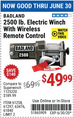 Harbor Freight Coupon BADLAND 2500 LB. ELECTRIC WINCH WITH WIRELESS REMOTE CONTROL Lot No. 61258/61297/64376/61840 Expired: 6/30/20 - $49.99