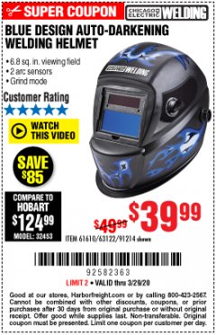 Harbor Freight Coupon CHICAGO ELECTRIC WELDING BLUE DESIGN AUTO-DARKENING WELDING HELMET Lot No. 61610/63122/91214 Expired: 3/29/20 - $39.99