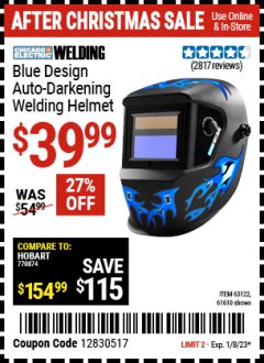 Harbor Freight Coupon CHICAGO ELECTRIC WELDING BLUE DESIGN AUTO-DARKENING WELDING HELMET Lot No. 61610/63122/91214 Expired: 1/8/23 - $39.99