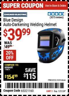 Harbor Freight Coupon CHICAGO ELECTRIC WELDING BLUE DESIGN AUTO-DARKENING WELDING HELMET Lot No. 61610/63122/91214 Expired: 1/21/24 - $39.99
