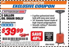 Harbor Freight ITC Coupon 5 GALLON OIL DRAIN DOLLY Lot No. 90582 Expired: 12/31/18 - $39.99
