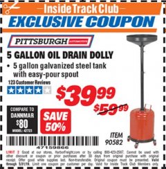 Harbor Freight ITC Coupon 5 GALLON OIL DRAIN DOLLY Lot No. 90582 Expired: 5/31/19 - $39.99