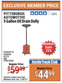 Harbor Freight ITC Coupon 5 GALLON OIL DRAIN DOLLY Lot No. 90582 Expired: 1/28/21 - $44.99