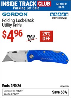 Harbor Freight ITC Coupon GORDON FOLDING LOCK-BACK UTILITY KNIFE Lot No. 62156/56917/62358 Expired: 3/5/26 - $4.96