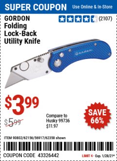 Harbor Freight Coupon GORDON FOLDING LOCK-BACK UTILITY KNIFE Lot No. 62156/56917/62358 Expired: 1/28/21 - $3.99