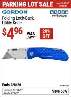 Harbor Freight Coupon GORDON FOLDING LOCK-BACK UTILITY KNIFE Lot No. 62156/56917/62358 Expired: 3/8/26 - $4.96