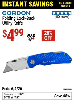 Harbor Freight Coupon GORDON FOLDING LOCK-BACK UTILITY KNIFE Lot No. 62156/56917/62358 Valid Thru: 6/4/26 - $4.99