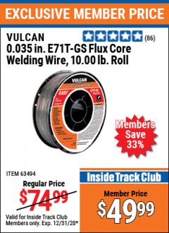 Harbor Freight ITC Coupon FLUX CORE WELDING WIRE 10 LB ROLL Lot No. 63494, 63497 Expired: 12/31/20 - $49.99