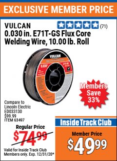 Harbor Freight ITC Coupon FLUX CORE WELDING WIRE 10 LB ROLL Lot No. 63494, 63497 Expired: 12/31/20 - $49.99