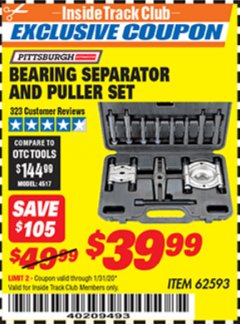 Harbor Freight ITC Coupon BEARING SEPARATOR AND PULLER SET Lot No. 62593 Expired: 1/31/20 - $39.99