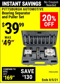 Harbor Freight Coupon BEARING SEPARATOR AND PULLER SET Lot No. 62593 Expired: 8/5/21 - $39.99