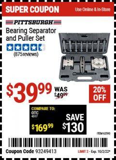 Harbor Freight Coupon BEARING SEPARATOR AND PULLER SET Lot No. 62593 Expired: 10/2/22 - $39.99