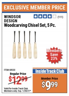 Harbor Freight ITC Coupon 5 PIECE WOODCARVING CHISEL SET Lot No. 69553 Expired: 1/28/21 - $9.99