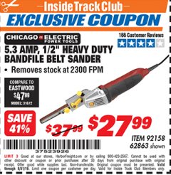 Harbor Freight ITC Coupon 1/2" HEAVY DUTY BANDFILE BELT SANDER Lot No. 62217/92158 Expired: 8/31/19 - $27.99