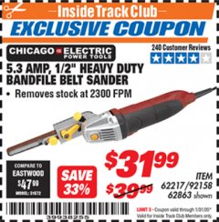 Harbor Freight ITC Coupon 1/2" HEAVY DUTY BANDFILE BELT SANDER Lot No. 62217/92158 Expired: 1/31/20 - $31.99