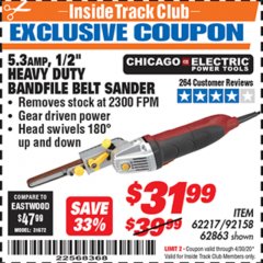 Harbor Freight ITC Coupon 1/2" HEAVY DUTY BANDFILE BELT SANDER Lot No. 62217/92158 Expired: 4/30/20 - $31.99